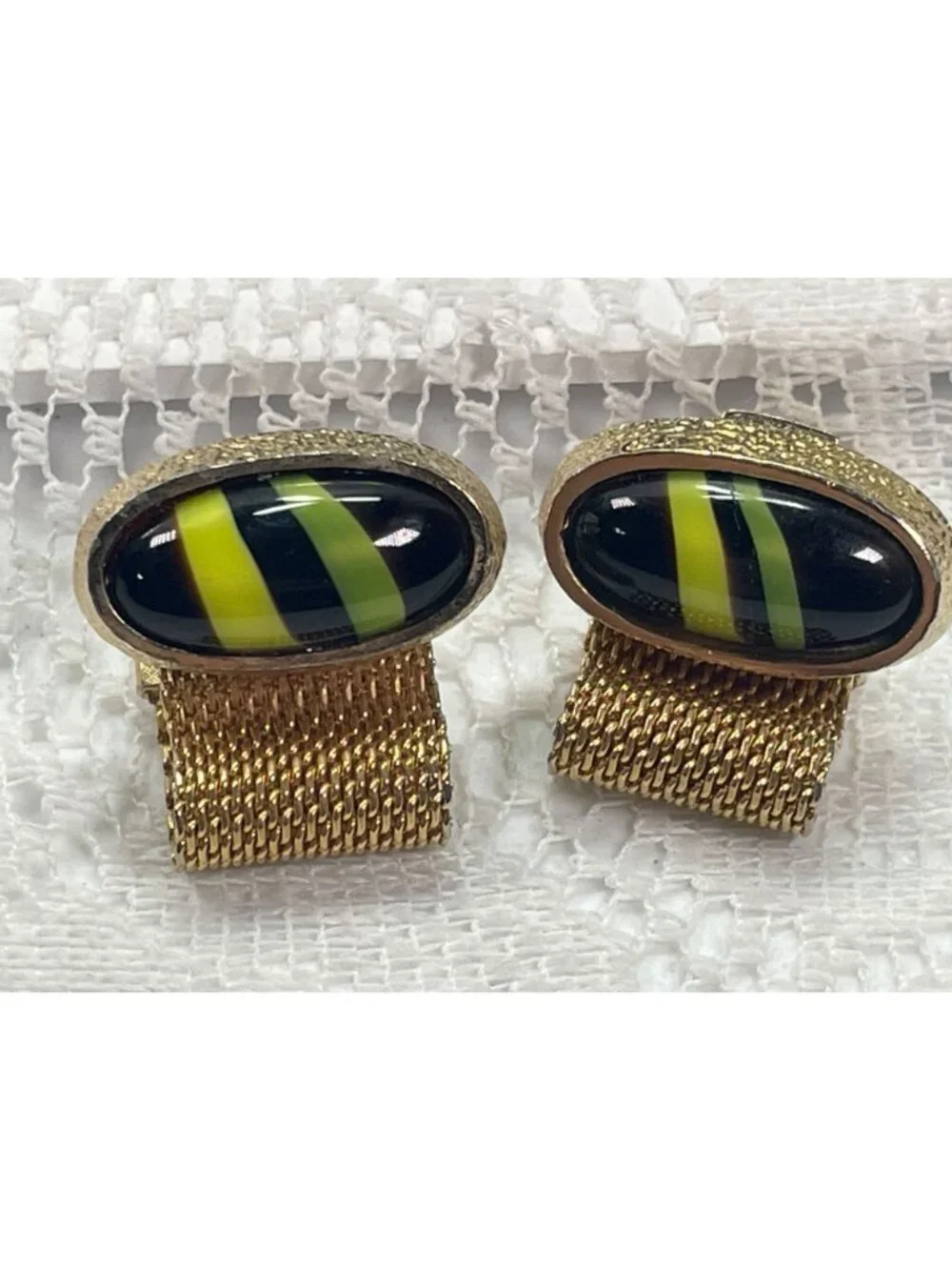 Vintage HICKOK Gold Mesh Wrap Cufflinks Black Green Atomic Glass Cabochon MCM